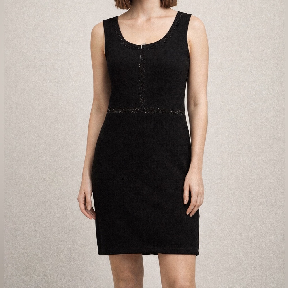 Vintage Saint John NWT Black knitted Tank Dress with black shiny stones size 14